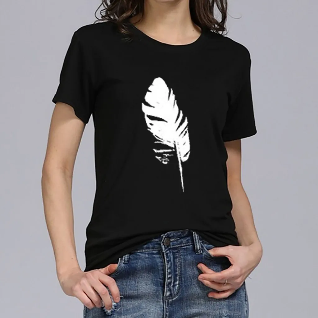 Футболка женская Свободная с коротким рукавом круглый вырез принтом листьев топ