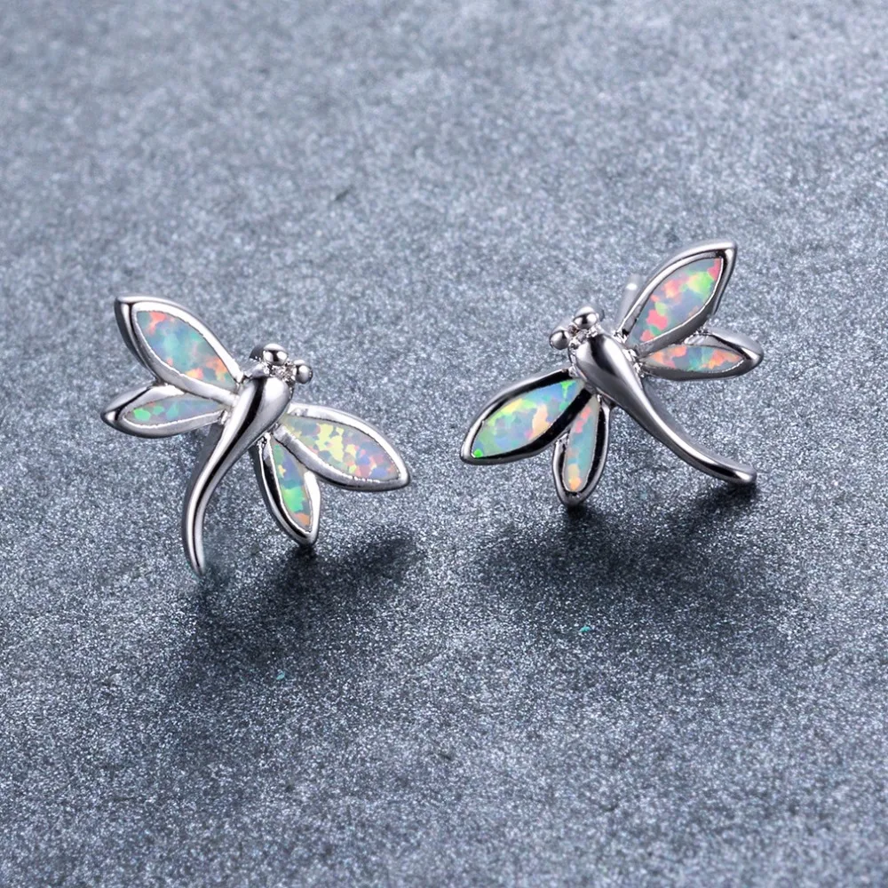 Женские серьги гвоздики с животными голубым/белым опалом из стерлингового