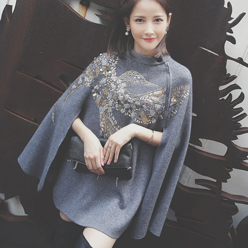 Женское пончо-пуловер осенне-зимнее толстое пальто-свитер с блестками Осень-зима