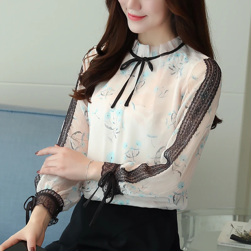 Корейские модные шифоновые женские блузки кружевные розовые рубашки с длинным