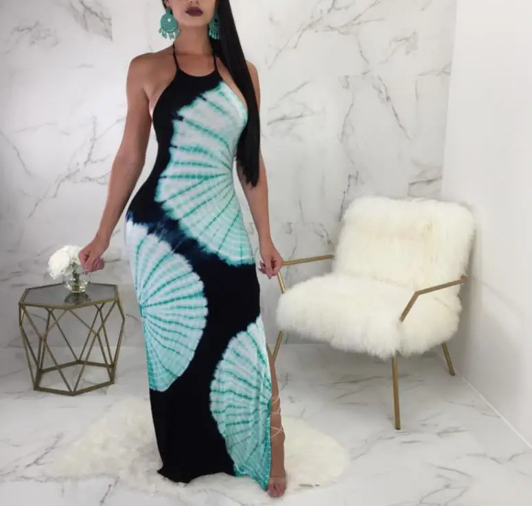 2019 new African spring/summer sleeveless halter top with ink print dress | Женская одежда