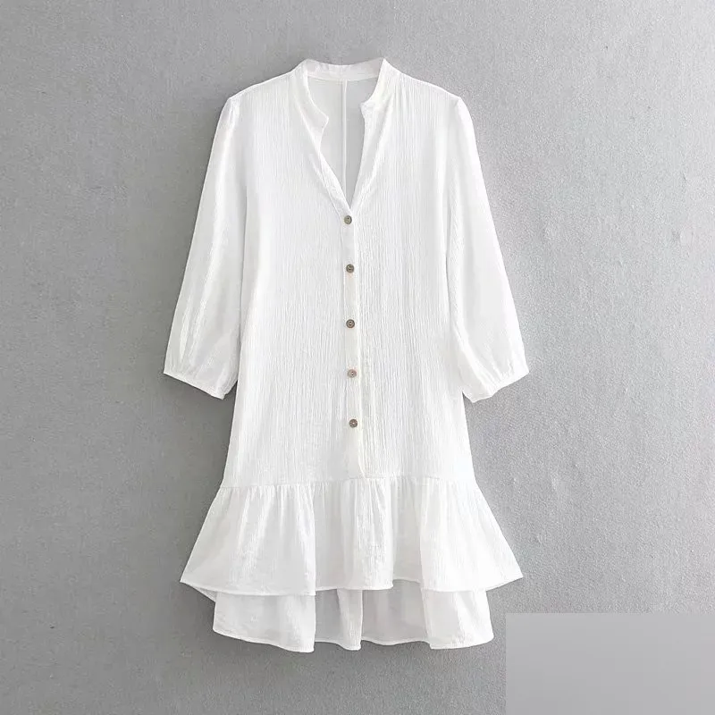 Женское короткое платье с рукавами-фонариками однотонное повседневное пляжное