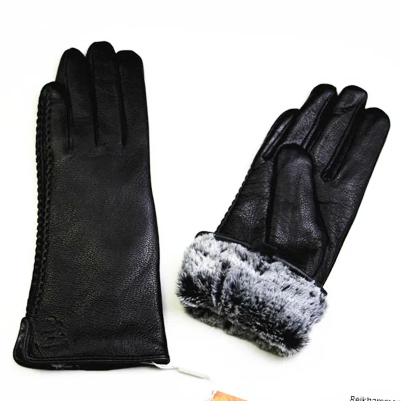 Guantes Eldiven, женские кожаные перчатки, перчатка из оленьей кожи, боковое тиснение, стильная бархатная подкладка, теплая, осенняя и зимняя - Цвет: Fake rabbit fur lini