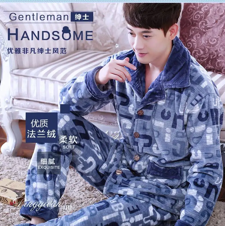 Fashion Brand Luxury Winter Pajamas Men Sleepwear Thick Warm Coral Fleece Mens Pajama Set Male Nightwear Leisure Home Clothing