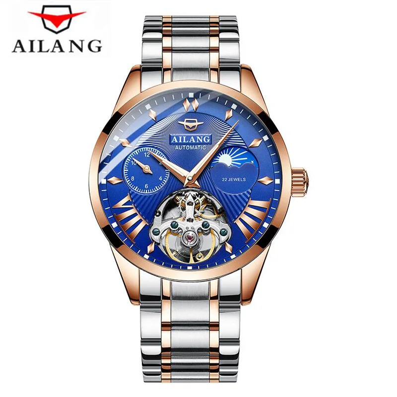 Rose gold Blue Роскошные механические часы с каркасом турбийоном, Мужские автоматические Классические Механические наручные часы из розового золота и кожи, Reloj Hombre - Цвет: Rose gold Blue