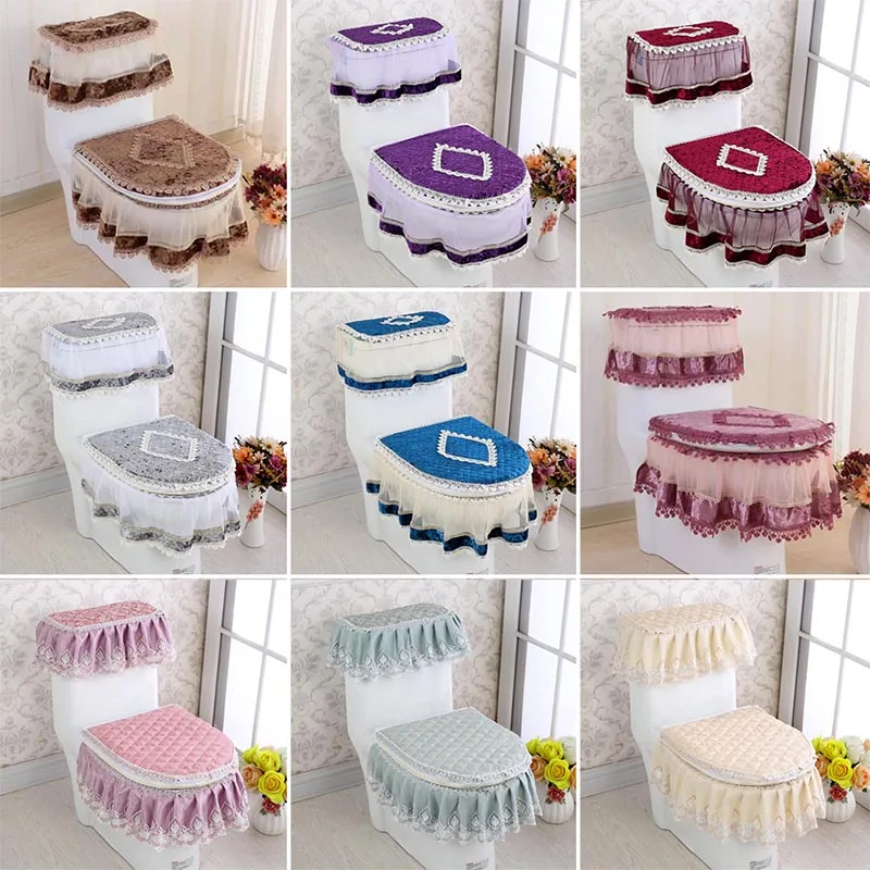 

Hot 3pcs Set Toilet Seat Cover Lace U-shaped Overcoat Durable WC Decoration Dustproof Mats MDD88