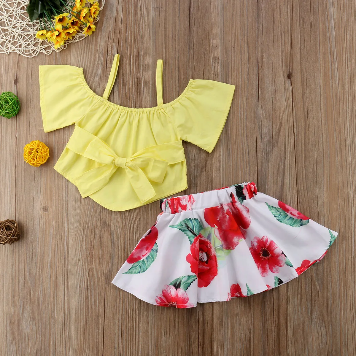 Комплект одежды с цветочным принтом для маленьких девочек желтые топы открытыми