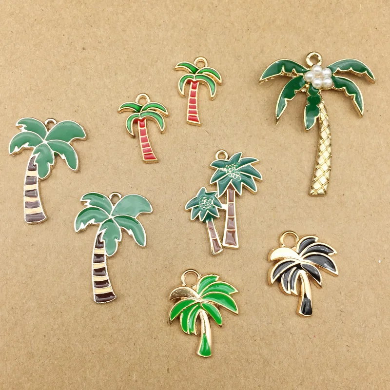 

50pcs Gold Color Enamel Coconut Tree Charm Oil drop Coconut tree Pendant DIY for Handmade Wedding Jewelry Making Wholesale
