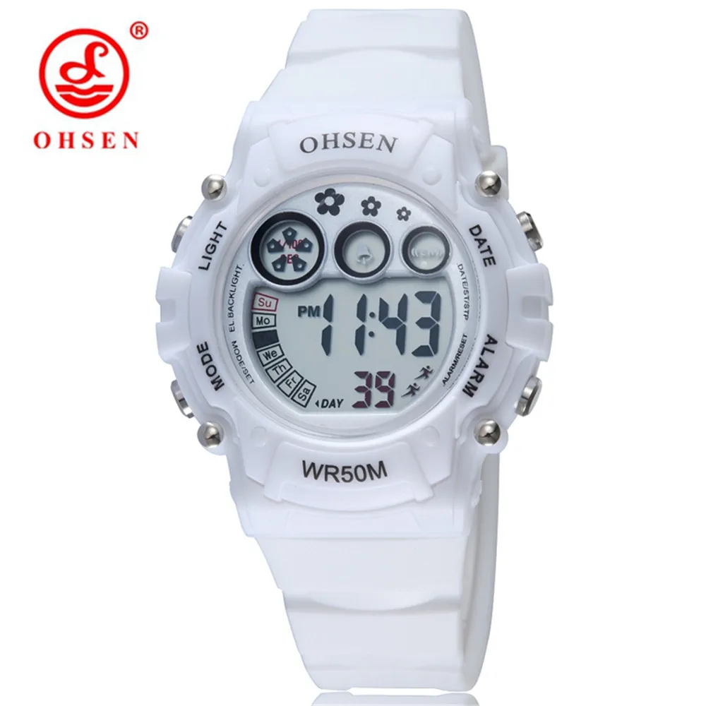 Белый OHSEN, женские спортивные часы, пластиковый ремешок, 50 м, Diver, светодиодный, цифровые наручные часы, желеобразный цвет, водонепроницаемые часы для женщин - Цвет: Белый