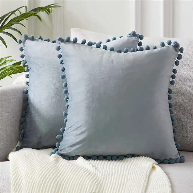 Grey Blue-Set of 2 Topfinel мягкое бархатное покрытие для подушки, наволочка для подушки, роскошные квадратные декоративные подушки с шариками для дивана, кровати, автомобиля, подушки для дома - Цвет: Grey Blue-Set of 2