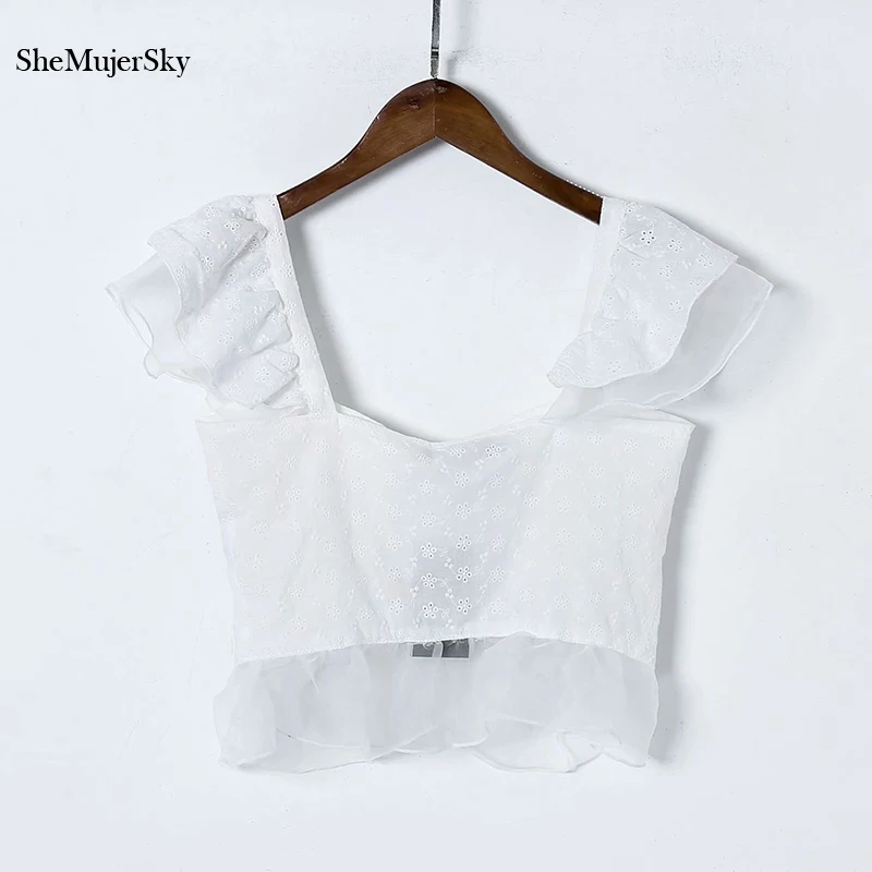 SheMujerSky белый кроше Пряжка укороченный Топ для женщин кружево вышивка летние топы без рукавов сорочка femme nouveau