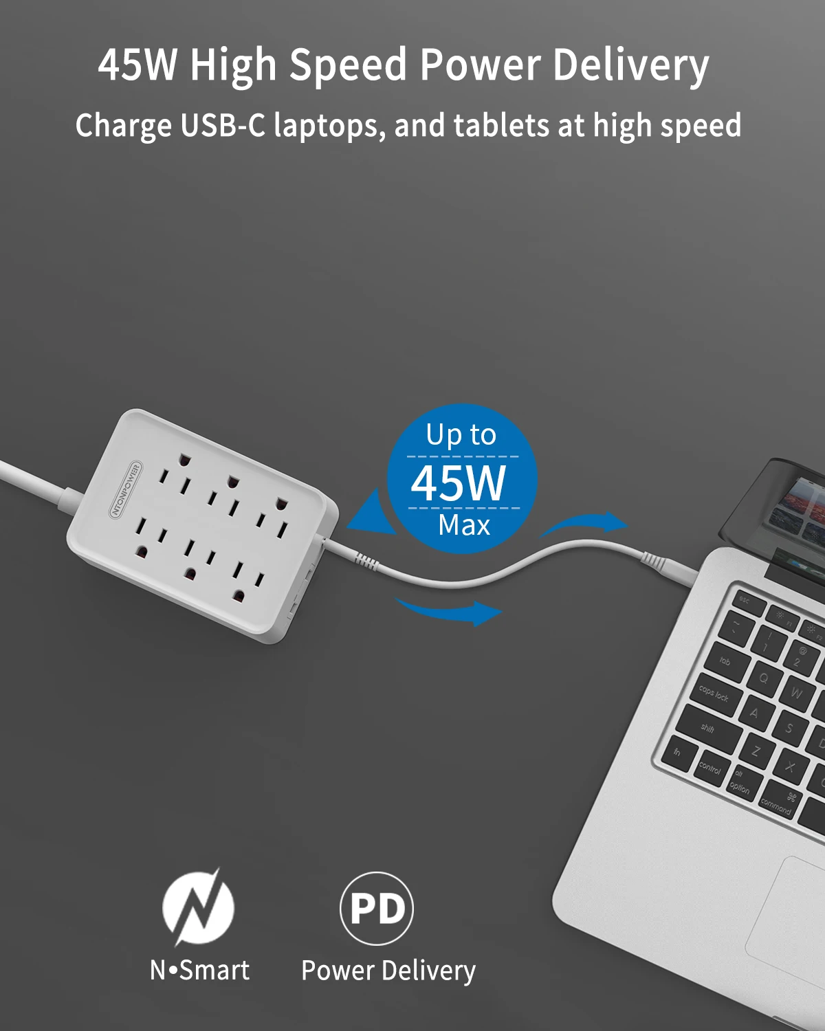 Сетевой блок питания NTON с PD зарядным устройством 45 Вт USB-C США плоский штекер 6AC 3USB(2 USB-A, 1 USB-C) для домашнего офиса 1,8 м удлинитель
