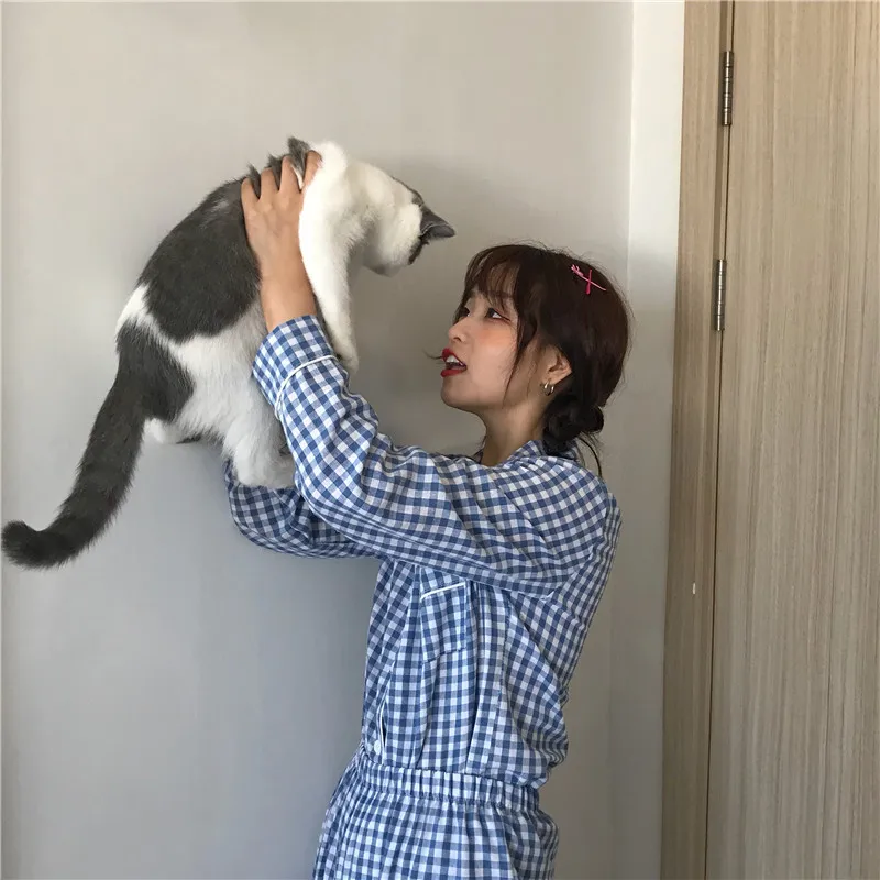 Корейские женские пижамные комплекты со штанами, Хлопковая пижама в клетку, весенне-летняя одежда для сна, Милая Ночная одежда, ночные рубашки