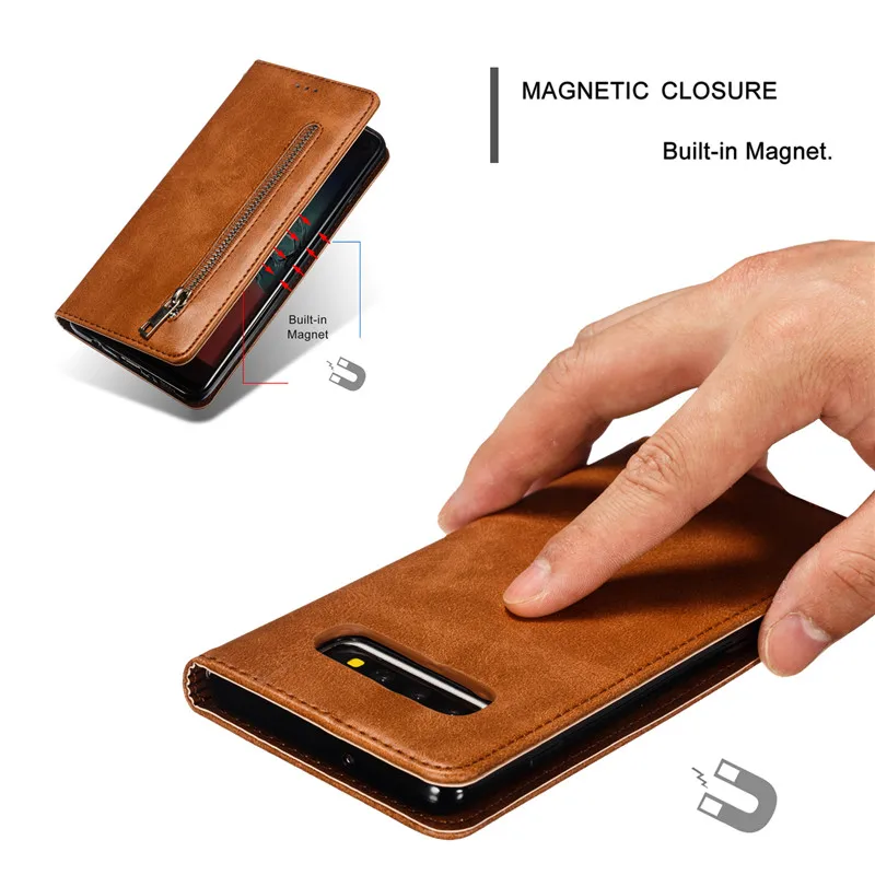 Кожаный флип чехол на молнии для samsung Galaxy S10 5G A70 A50 A40 A30 Note 9 8 S10e S9 S8 Plus S7 edge Магнитный
