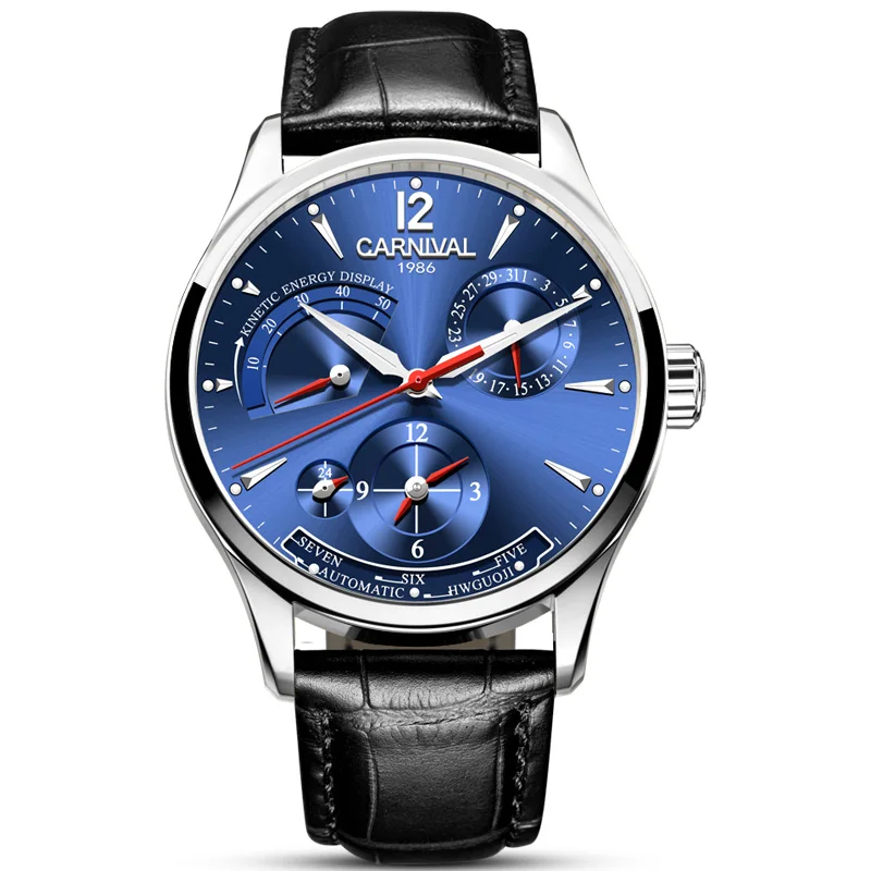 Карнавал Dual time displa спортивные автоматические механические часы для мужчин сапфировый кожаный ремешок люксовый бренд мужские часы relogio saat - Цвет: Silver blue
