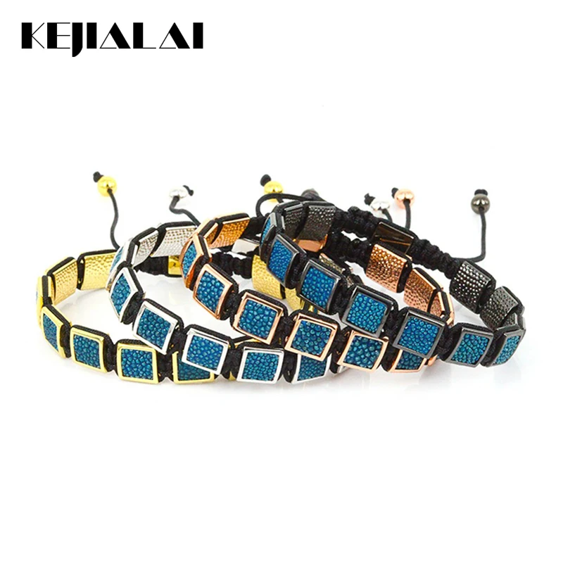 Fashion Stingray Leather Macrame Bracelets Men's Genuine Square Bead Charm Bracelet for Men Luxury Style | Украшения и