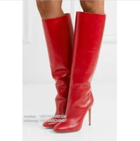fashion red leather pointed toe thin high heel women boots winter knee boots plus size 43