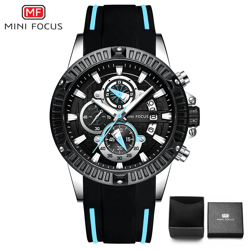 Black Blue with Box Модные Военные Спортивные часы с мини-фокусом, кварцевые Силиконовые наручные часы с хронографом, мужские водонепроницаемые часы с календарем, reloj masculino - Цвет: Black Blue with Box