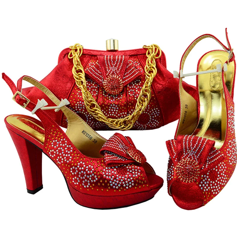 Новое поступление Красные туфли и сумочка в нигерийском стиле Женские