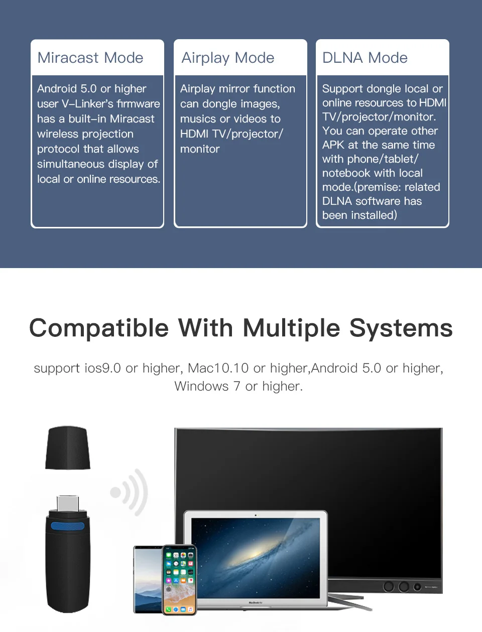 GGMM V-Linker ТВ-палка беспроводной ключ WiFi Дисплей мини HDMI донгл Поддержка 5G высокая скорость HD 1080P Miracast Chromecast AirPlay