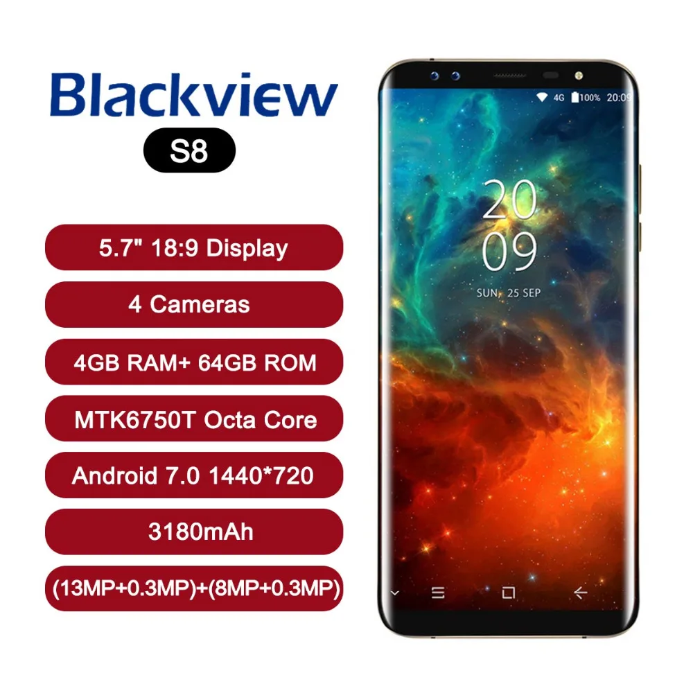 Blackview S8 смартфон 5 7 &quot18:9 соотношение сторон 4G 6 mt6750t восемь ядер 4 камеры 2*(13 м + 0 3 м)