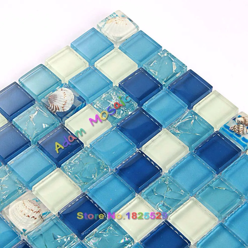 Crystal Mosaic tiles Crackle Glass Tile Blue And White Sea Shell For Bathroom Shower Backsplash Kitchen Subway | Обустройство дома