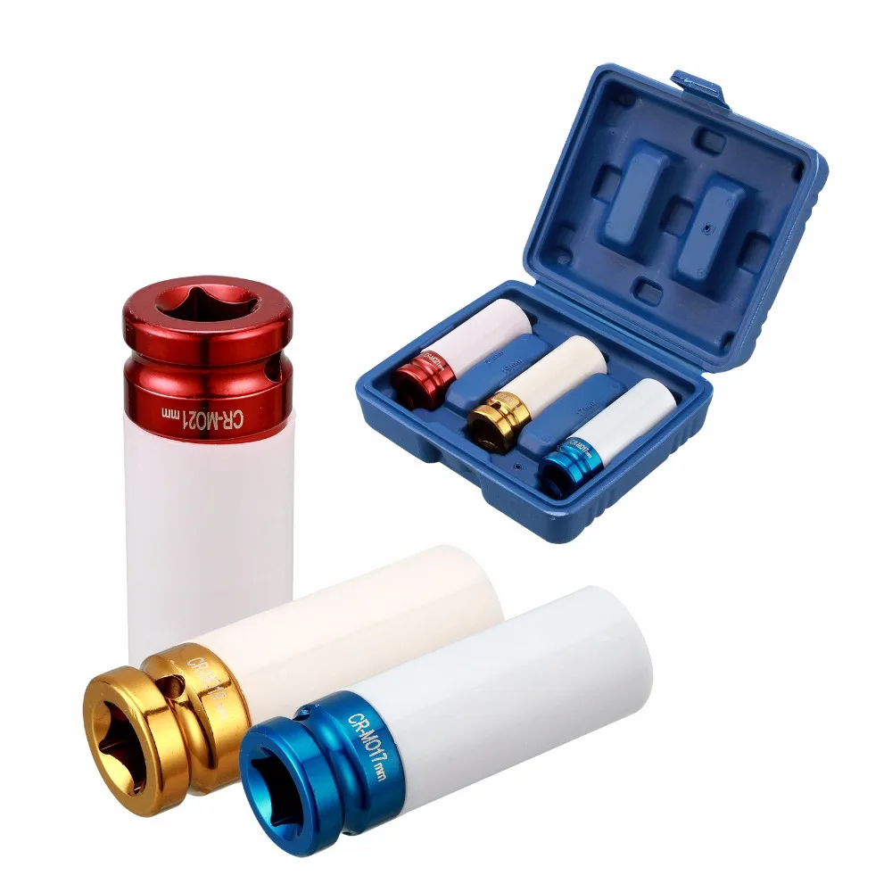 

3pc Thin Wall Deep Impact Socket Set Plastic Sleeve Lug Nut 17mm 19mm 21mm