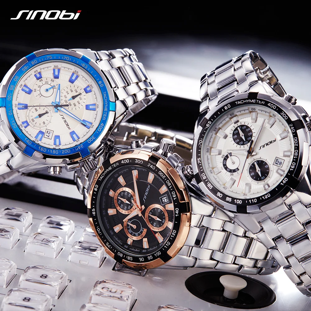 SINOBI хронограф мужские часы Топ бренд Роскошные Кварцевые наручные спортивные