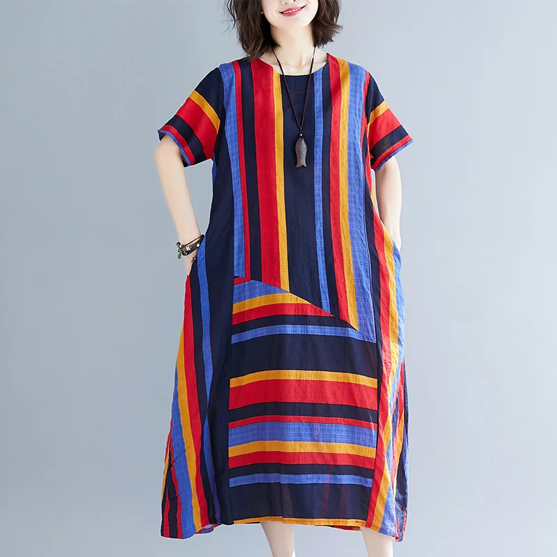 Женское платье из хлопка и льна #0229 красное зеленое повседневное свободное