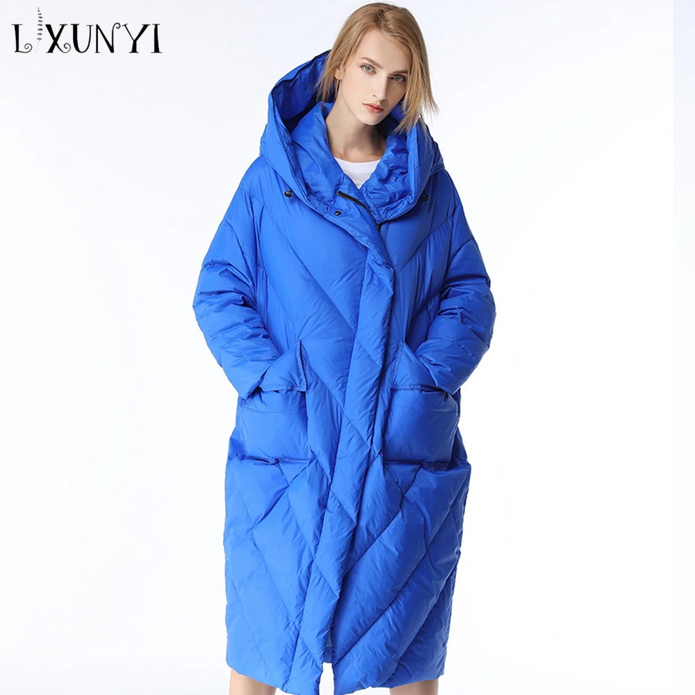 LXUNYI Новое плотное зимнее пальто для женщин Длинные куртки с капюшоном на молнии и