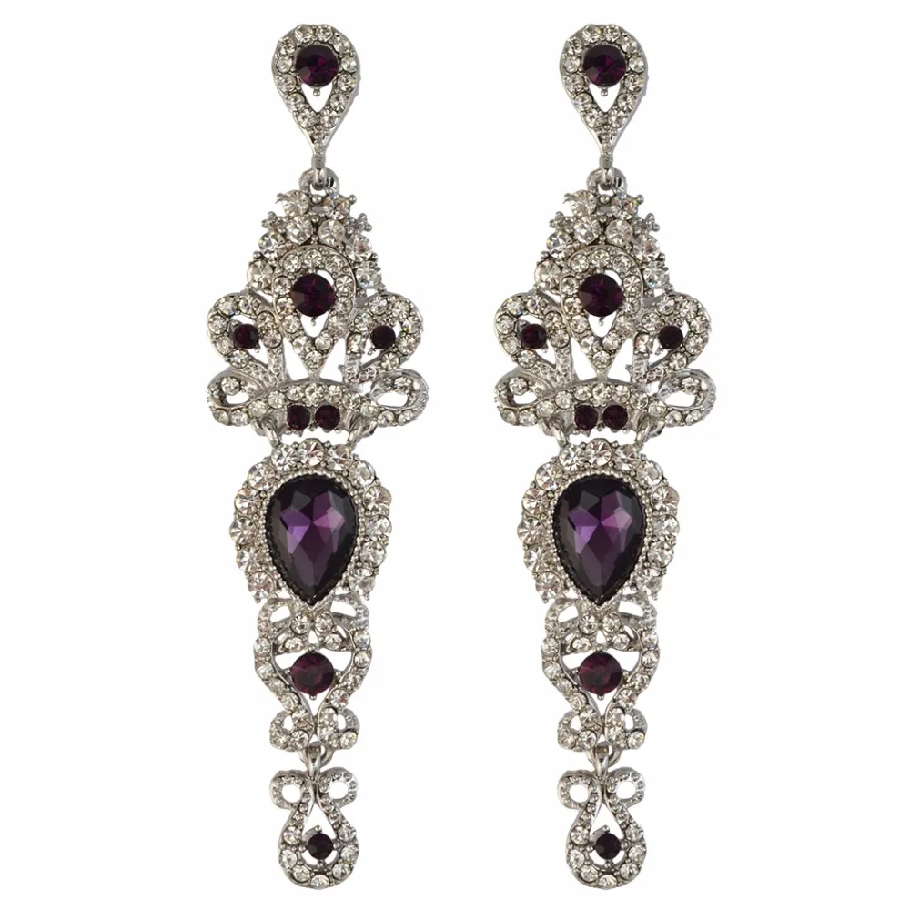 Женские длинные серьги с кристаллами синие фиолетовые зеленые сережки-люстры