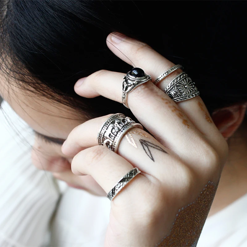 Retro Punk Leaf Bohemian Individuality Carving Pattern Ring Set Midi Rings for Women 6PCS/Set Black Stone Gift Jewelry | Украшения и