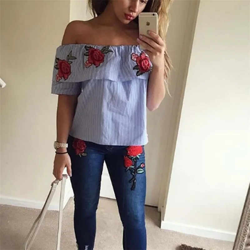 Hirigin женские блузки 2017 новая мода Полосатая Вышивка цветок блузка женская с