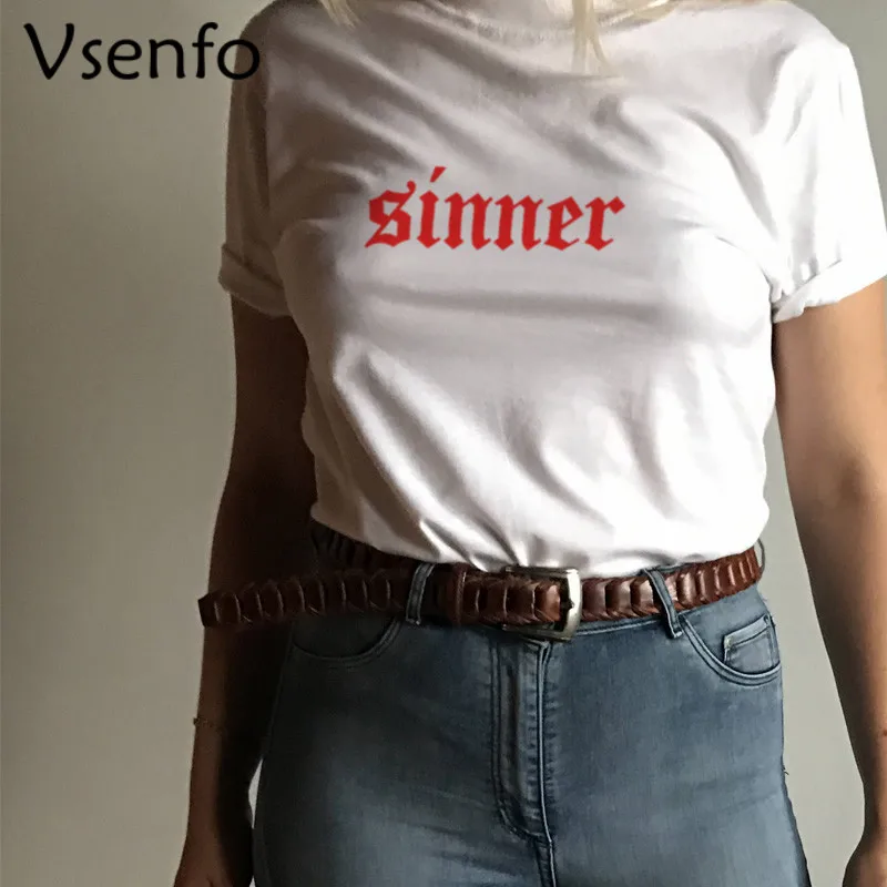Футболка Sinner женская с буквенным принтом хлопковая рубашка круглым вырезом в