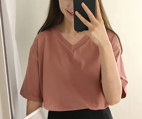 v neck zhuan hong 6 цветов, лето, v-образный вырез, сплошной цвет, базовый корейский стиль, винтажный стиль, футболки с коротким рукавом, женские топы, женская футболка(R960 - Цвет: v neck zhuan hong