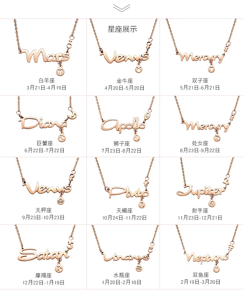 

New Design 12 constellations Zodiac Sign pendant necklace Rose Gold color 316 titanium steel woman star charm necklace