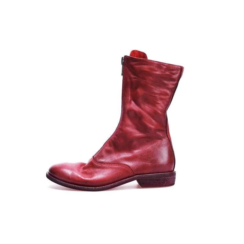 

ZVQ New Spring Soft Leather Round Low Square Heel Front Zip Winter Warm Black And Red Mid Calf Boots Retro Punk Women Shoes