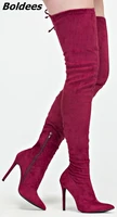 fashion over the knee high boots women classy red suede sexy slim fit pointy stiletto heel boots trend plain dress shoes