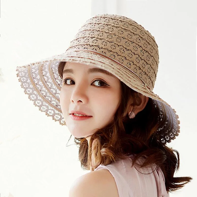 Летние шляпы для женщин соломенная шляпа от солнца девушек с кружевным бантом из