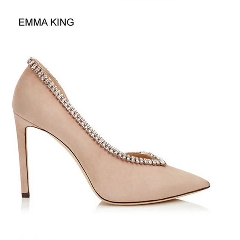 

EMMA KING 2018 Thin High Heels Women Pointed Toe Pumps Crystal Shallow Elegant Ladies Party Shoes Comfortable Insole Flock Upper