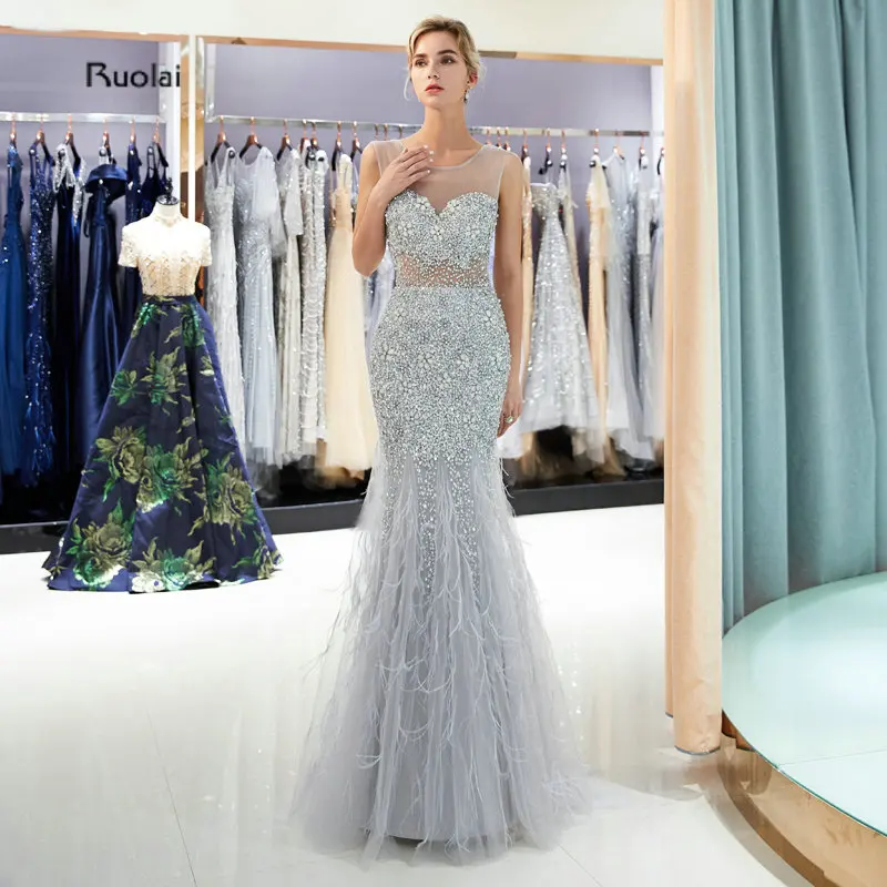 

Sexy Mermaid Evening Dress Long 2018 Heavy Beaded Sleeveless Evening Gown Formal Party Dress See Through Back robe de soiree
