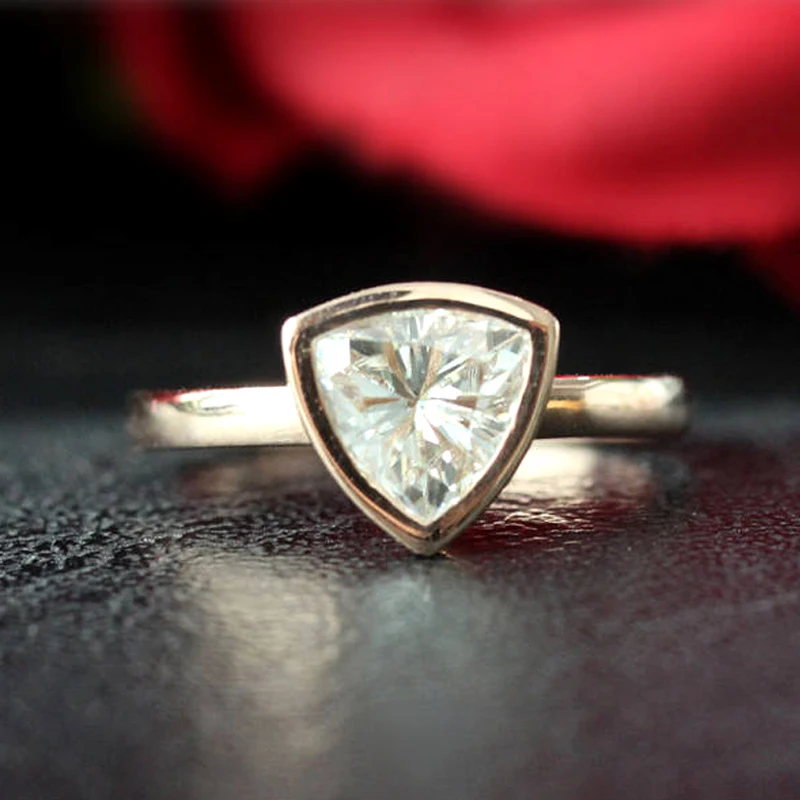 

Moissanite Wedding Ring Solid 14K Rose Gold Trillion Cut 1.3ct Moissanite Engagement Ring Anniversary Ring Bezel Ring
