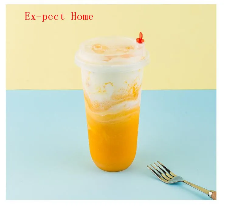Taza de t&eacute; de leche con tapa de un solo uso, taza de grasa muda, taza de pl&aacute;stico en forma de U de 1000 ml, taza de jugo transparente creativa hecha a medida de PP, 700 Uds.-3