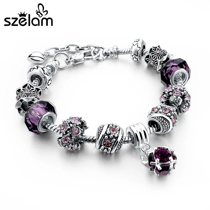 Женский серебряный браслет Szelam розового/синего/фиолетового цвета с подвесками