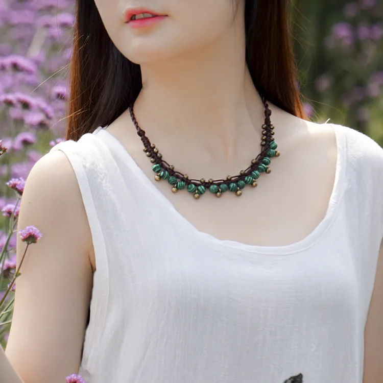 Красный синий камень бусы ожерелье медный цвет колокол короткое в китайском