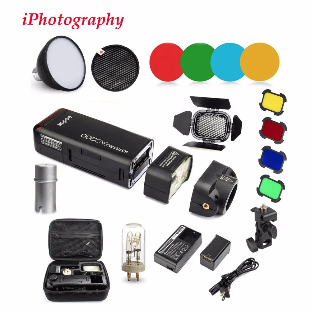 

Вспышка Godox AD200 2,4G TTL 1/8000 HSS Monolight для Nikon Canon Sony + Стандартный рефлектор стандарта + фотоэлемент цветов набор гелевых фильтров