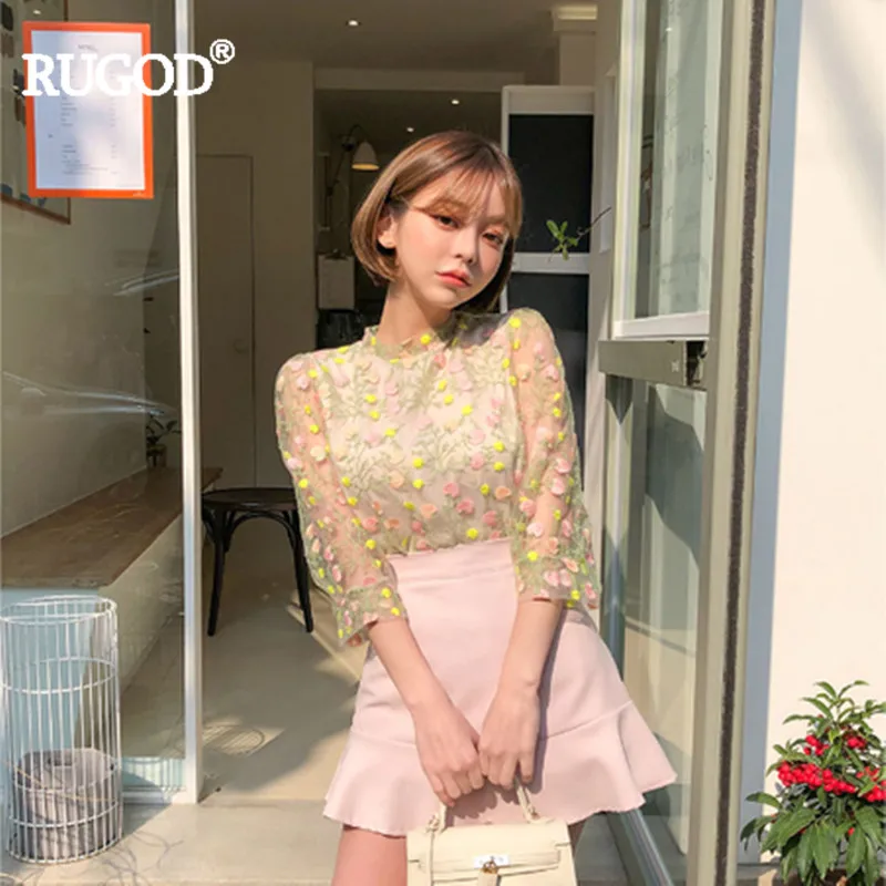 RUGOD 2019 New Spring blouse Lace Print O-neck Office lady Sweet Fashion Female |