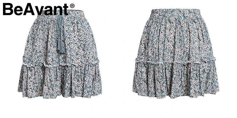 BeAvant Boho летняя плиссированная мини-юбка женская короткая юбка в горошек с высокой талией розовая трапециевидная шифоновая юбка с цветочным принтом и рюшами