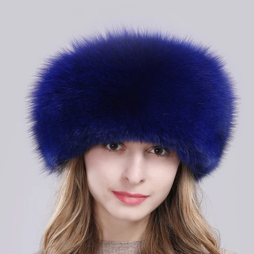 blue Женские милые шапки из натурального Лисьего меха, натуральный Лисий мех, русская ушанка, шапка из меха лисы, Новое поступление, зимняя качественная Толстая теплая шапка-бомбер - Цвет: blue
