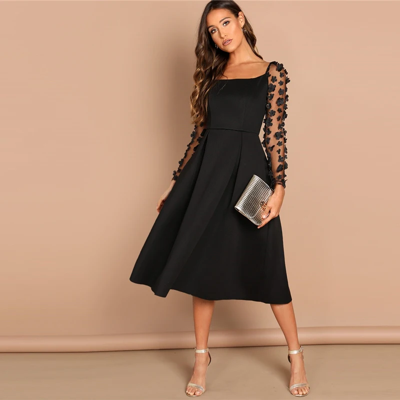SHEIN Night Out Contrast Mesh Appliques Pleated Square Neck Knee Length Dress Autumn Modern Lady Workwear Women Dresses